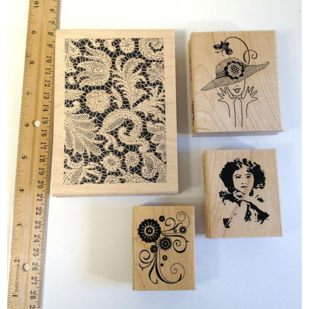 Wood Mount Rubber Stamp Set 4 Tags Vintage Look Hat and More
